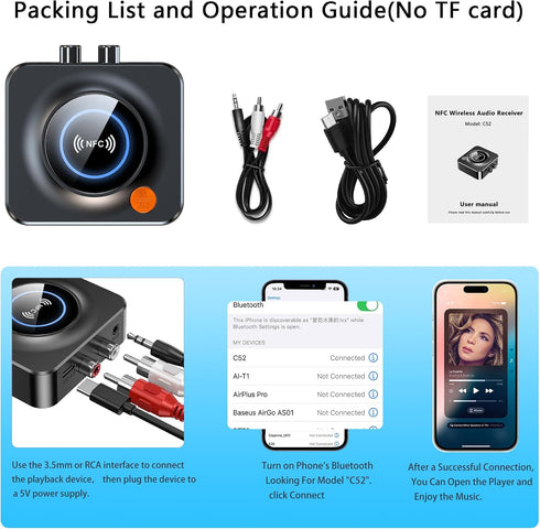 LSLYA Pair,3.5mm Bluetooth Receiver for Home Stereo, NFC Quick AUX/RCA,TF Card Slot,Wireless Bluetooth Audio Adapter