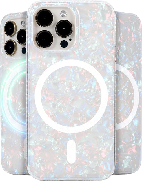 LONLI Hue iPhone 15 Pro Case - White Pearl Tort, Magsafe Compatible, 10FT Drop Protection, 4 Airbag Corners, Aesthetic
