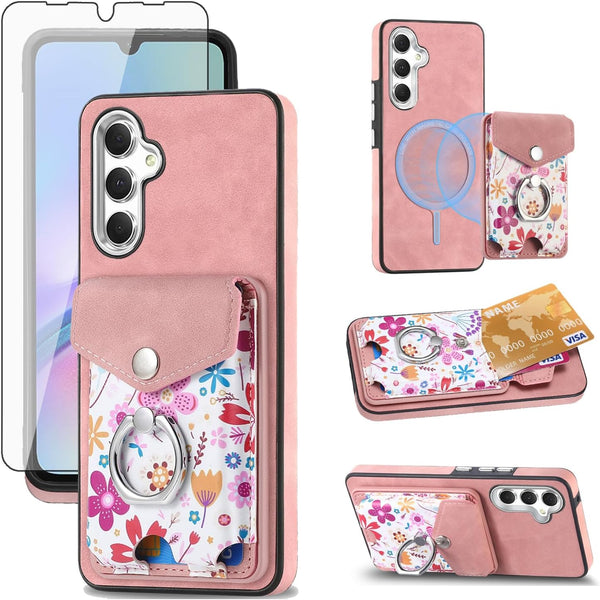 Asuwish Samsung Galaxy A05S Wallet Case: Slim Magnetic Cover with Kickstand, Card Holder, & Screen Protector - Rose