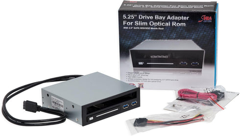 Syba 5.25" Bay Adapter for Slim Optical Drive, 2.5" Trayless Rack for HDD SSD, USB Hub - SY-MRA55005