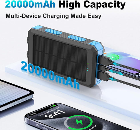 YELOMIN 20000mAh, 4 Pack Solar Power Bank Solar Charger Portable Phone Charger with Built-in Cables, USB-C Fast
