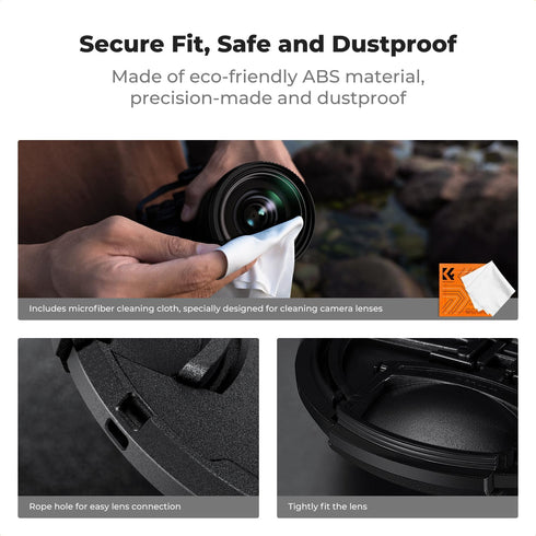 K&F CONCEPT 43mm 4-in-1 Pinch Lens Cap Cover, Center Lens Cover + Anti-Loss Keeper Leash + Microfiber Cleaning Cloth