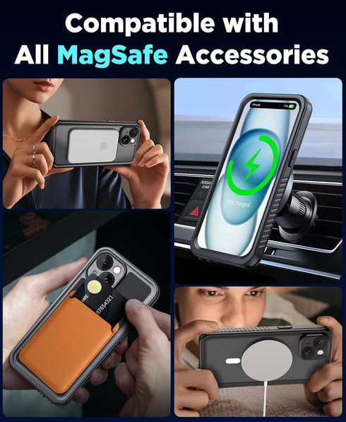 Beeasy Waterproof Case for iPhone 15 with MagSafe, 360 Degree Outdoor Protective Case with Screen Protector, Black