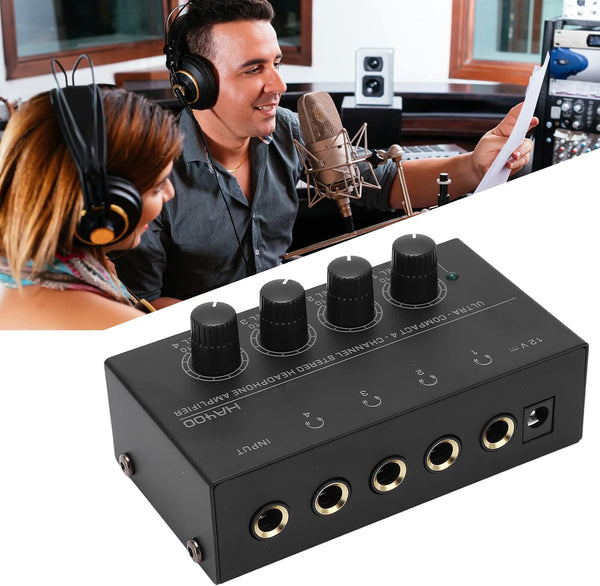 DAUERHAFT 4 Channel Stereo Headphone Amp - Ultra Low Noise Mini Earphone Splitter for Sound Reinforcement (US Plug)