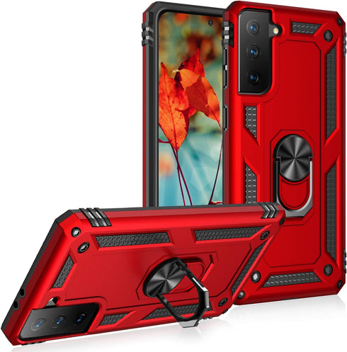 Military Grade Shockproof Case for Samsung Galaxy S21 FE, Red with 360 Metal Rotating Ring Kickstand Holder