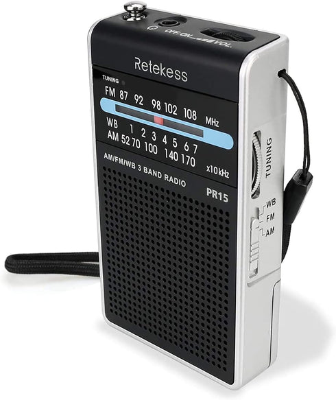 Retekess PR15 Pocket NOAA Weather Radio, AM FM Emergency Portable Radio Powered by AAA Battery (Silver Black)