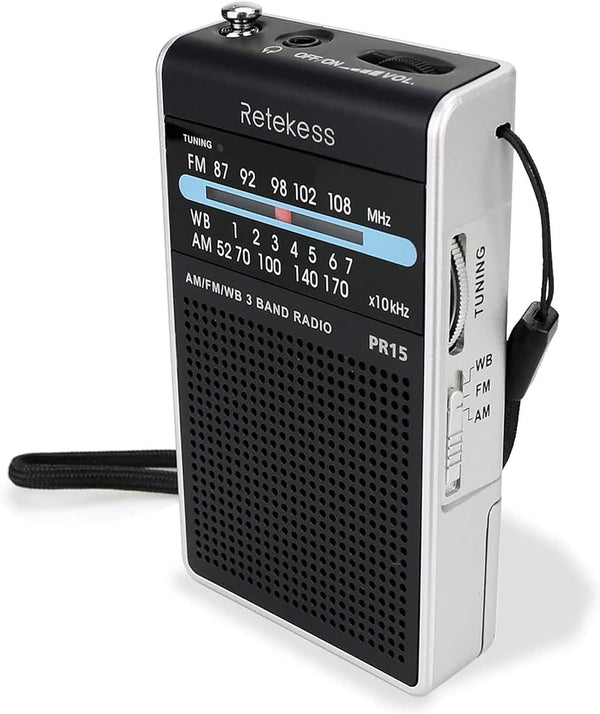 Retekess PR15 Pocket NOAA Weather Radio, AM FM Emergency Portable Radio Powered by AAA Battery (Silver Black)