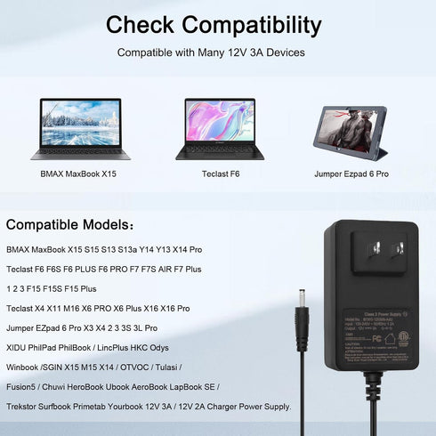 12V 3A Charger for Jumper Ezbook X3 X4 S4 2 3 3s 3l pro Jumper EZpad 6 Pro Chuwi HeroBook ubook AeroBook LapBook xidu Tour Pro 12.5 Trekstor Surfbook Primetab Yourbook YELLYOUTH