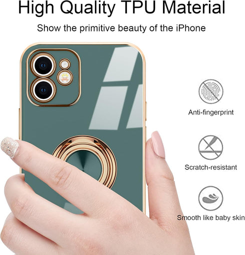 iPhone 11 Phone Case with 360° Rotatable Finger Ring Holder, Magnetic Shiny Gold Plated Edge, Shockproof Soft TPU