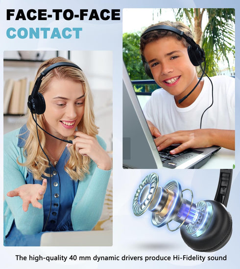 Wired Headset with Microphone for PC Laptop, 3.5mm Jack Headset with Clear Chat Mic (Black, 1 Pack)