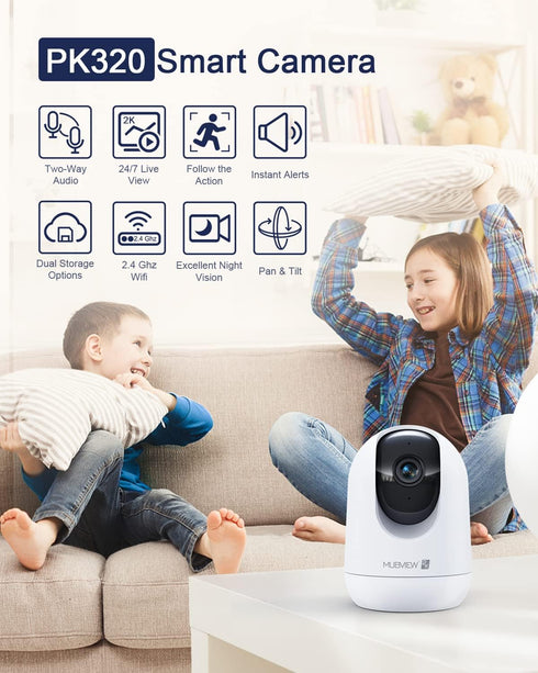 MUBVIEW Cameras for Home Security, 2.4G WiFi 2K Indoor Wired Baby/Pet Camera with Night Vision, 24/7 Record, 2-Way Audio