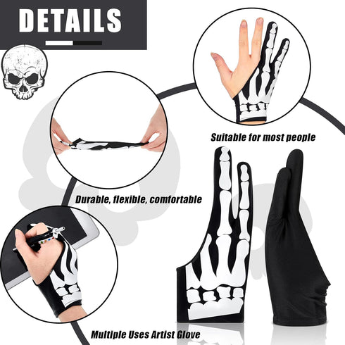 2 Pieces Skeleton Artist Glove for Drawing Tablet, 2 Finger Digital Tablet Glove for Pad Painting Writing, Right Hand