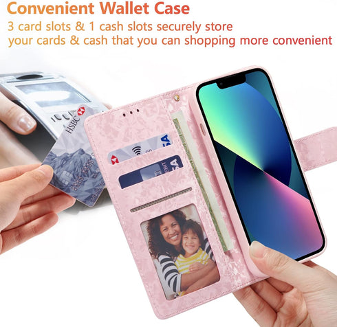 UEEBAI 15, Wallet Case for iPhone PU Leather Phone Cover Kickstand RFID Blocking Flip Case Card Slots Wrist Strap