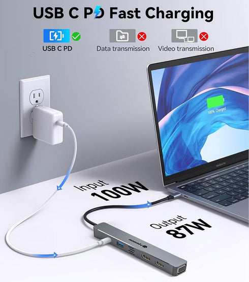 vienon 5-in-1 4K HDMI+1080P 3.0+PD 100W USB C Hub HDMI VGA Adapter for Triple Monitor, Laptop Docking Station with Dual