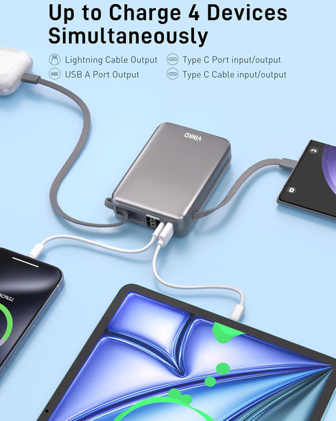 VINKO 22.5W 20000mAh Pack Portable Charger with Built in Cable Power Bank Fast Charging USB C in & Out LED Display