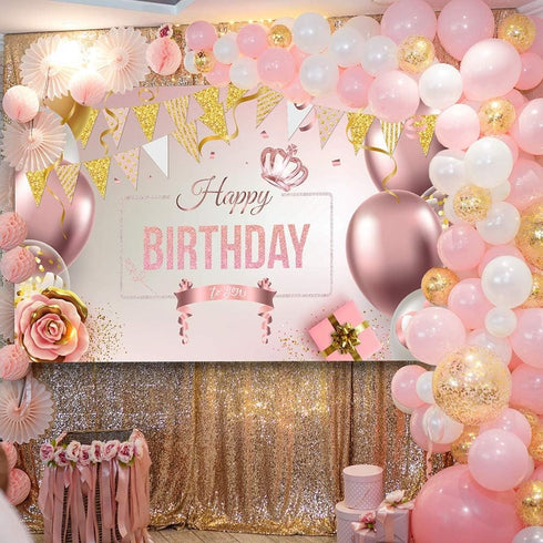 Large Rose Gold Balloons Birthday Decorations Banner Backdrop Theme Poster for Women Girls Party Supplies Decor