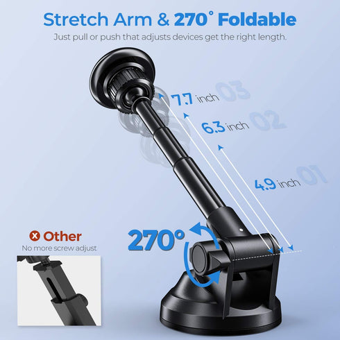 ORIbox Magnetic Phone Holder Car Mount with Adjustable Telescopic Arm, Strength Suction Cup, Compatible with All Phones