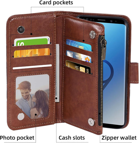 Asuwish Galaxy S9 Wallet Case: Flower Leather Flip, Tempered Glass Protector, Credit Card Holder, Stand Folio, Brown.