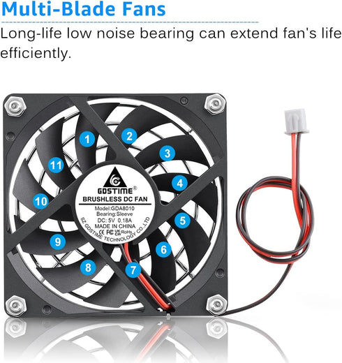 Gdstime DC 5V Brushless Cooling Fan, 80mm x 80mm x 10mm, 2PIN