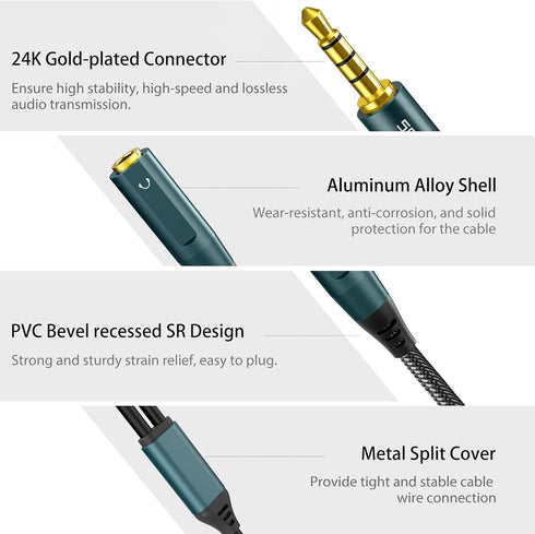 Headset Adapter, 3.5mm Headphone Mic Splitter CTIA TRRS Male to Dual TRS Female Y Audio Microphone Splitter Cable for
