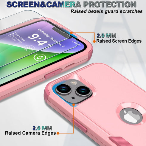 iPhone 13 & iPhone 14 Case, Pink, Non-Slip Shockproof 10 Ft Military Dropproof with 2 Tempered Glass Screen Protectors,