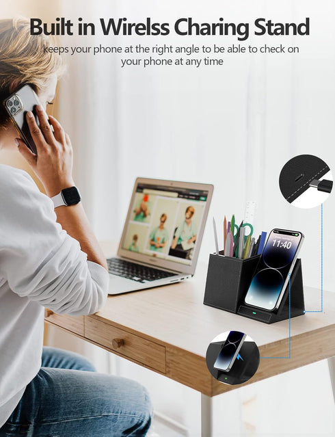 2-in-1 Pen Holder with Wireless Charger, Compatible with iPhone 16/15/14/13/12/11/8 Series, Desk Phone Stand