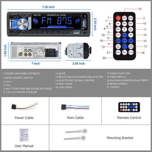 Single Din Car Stereo Marine Radio, Bluetooth Hands Free Calling with Digital LCD Display, MP3 Player