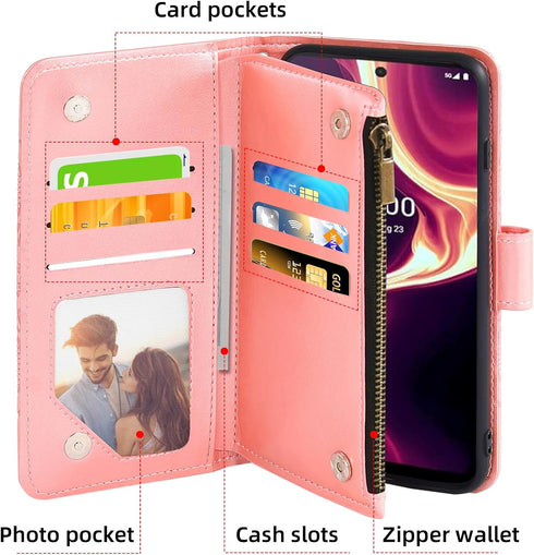 Asuwish Phone Case for Boost Mobile Celero 5G Plus 7 inch 2023 Wallet Cover with Tempered Glass Screen Protector and Flower Leather Flip Credit Card Holder Stand Cell Accessories 5G+ Women Rose Gold