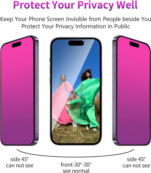 iPhone 15 Pro Max Privacy Screen Protector - 2 PCS Gradient Tempered Glass, 6.7" Anti-Spy, Anti-Blue Light, HD Clear,