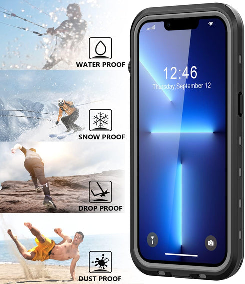 Waterproof Case for iPhone 13 Pro with Built-in Screen Protector, Shockproof Dustproof Full Body IP68 (Black/Clear)