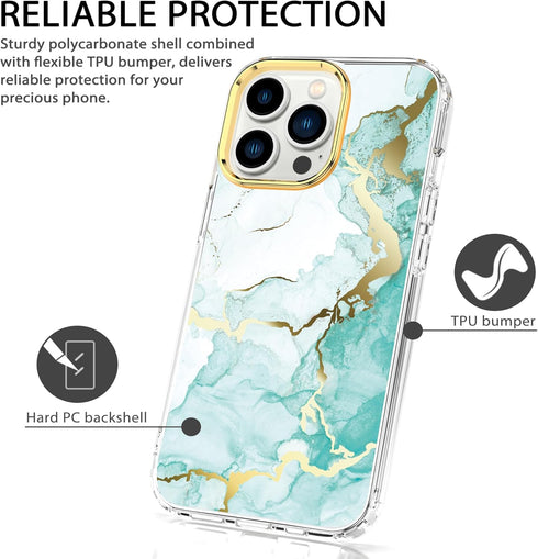 BAISRKE iPhone 15 Pro Clear Case (6.1") - Slim Shockproof Green Marble, includes 2 Screen Protectors & 1 Camera Lens
