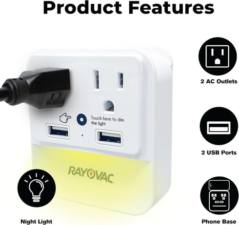 Rayovac Surge Protector with Night Light, 2 Outlet Power Strip & 2 USB-A Ports for Home, School, or Office
