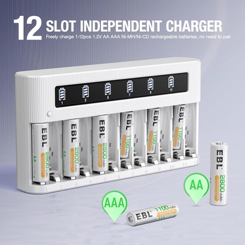 EBL 12-Bay AA AAA Battery Charger Independent LCD Charger for Ni-MH Ni-CD Rechargeable Batteries with Discharge