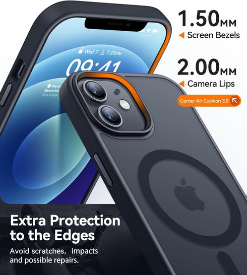 CANSHN iPhone 12/12 Pro Case - Shockproof Magnetic Bumper Cover, Translucent Matte, Compatible with MagSafe - Black