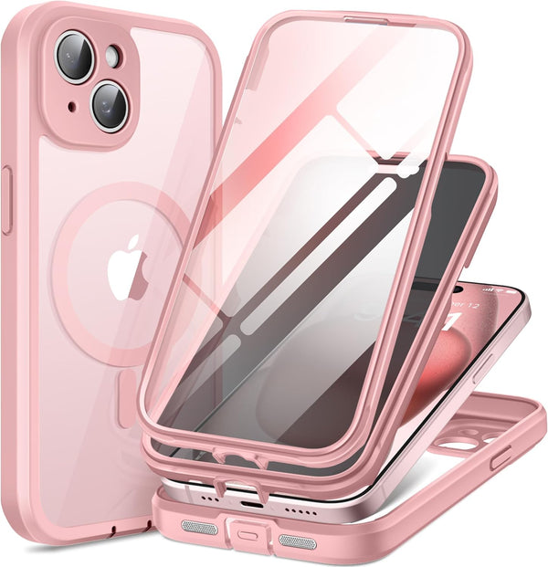 TIESZEN iPhone 15 Plus Case - Pink, Dustproof, MagSafe Compatible, with Privacy Screen & 9H Tempered Glass Protection.