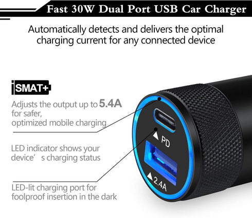 USB C Fast Car Charger, 30W 3.0 PD Type C Car Adapter, 2 Port USB C Car Plug Compatible for iPhone 15/14/13/12 Pro