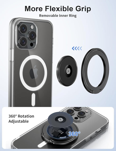 EWA MagOne Ultra Phone Grip Stand - Black, Leather Finger Strap, Removable Magnetic Ring Holder