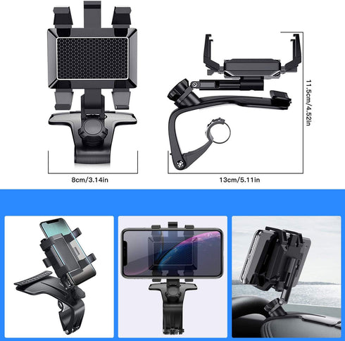 Car Phone Holder, Multifunction Car Dashboard Holder Rearview Mirror with 360° Adjustable Spring Clip, Suitable for 3