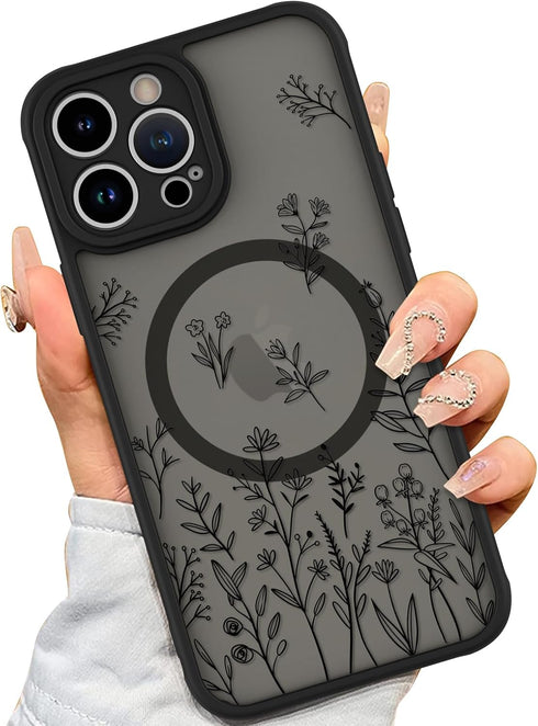 AIGOMARA Magnetic Case for iPhone 12 Pro Max, Cute Black Flower Floral Case for Women Girls, Soft TPU Bumper