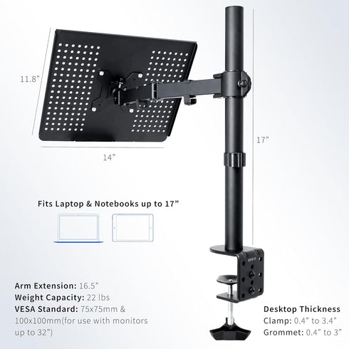 VIVO Single Laptop Notebook Desk Mount Stand - Fully Adjustable for Up to 17 inch Laptops, Black