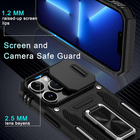 DEERLAMN iPhone 13 Pro Case - Black, Military Grade Shockproof, Slide Camera Cover, Screen Protector, Rotated Ring