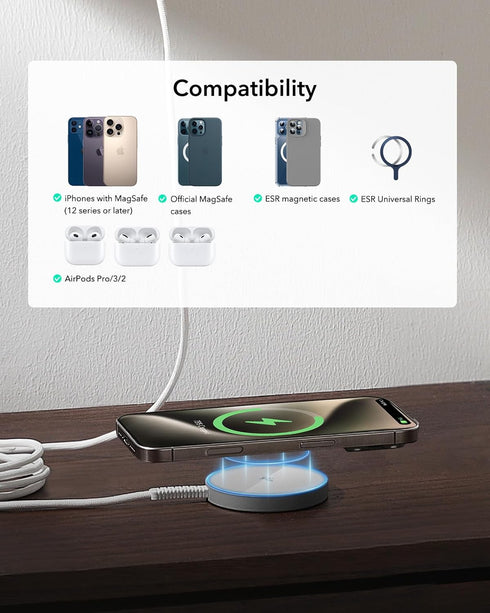 ESR 2 Pack 15W 17-12, 4/3/Pro/Pro 2, S26/S25, for Magsafe Charger, Wireless Charger, for iPhone AirPods Galaxy Strong