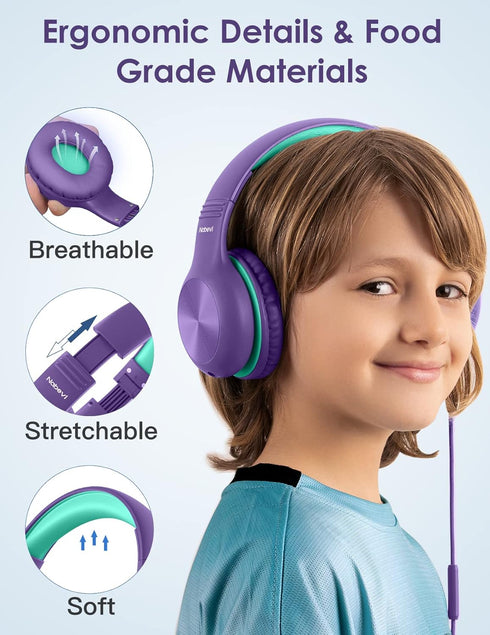 Kids Headphones with Microphone, Sharing Function, 85dB/94dB Safe Volume Limit, HD Sound, Over Ear for School, Online