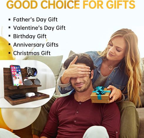 Iswabard Gifts for Men Wood Phone Docking Station Birthday Gift for Men Valentines Day Gifts Father Gift for Him