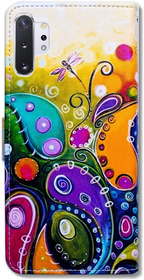 Colorful Dragonfly Wallet Leather Cover Case for Galaxy Note 10 Plus with Kickstand, Card Holder, Magnetic Closure
