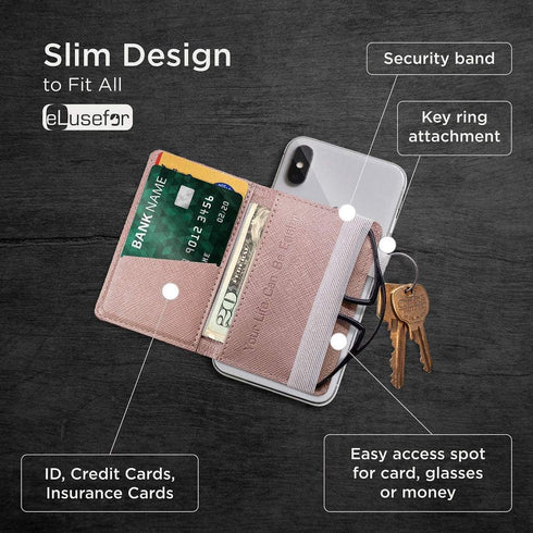 Stick-On Phone Wallet for Back of iPhone or Android Case | 6 Sleeve Credit Card Holder - Pocket for Cards, Money & ID - Built-in Stand - Waterproof Material - Travel, Work & Life-Proof - Pink