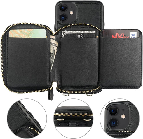 Bocasal RFID Blocking Wallet Case for iPhone 11 - Black, Adjustable Crossbody Zipper Purse Case with Detachable Wrist