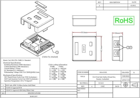 Cat6 1 Port Surface Mount Box, RJ45 Unshielded Female Port, White, with Cable Tie