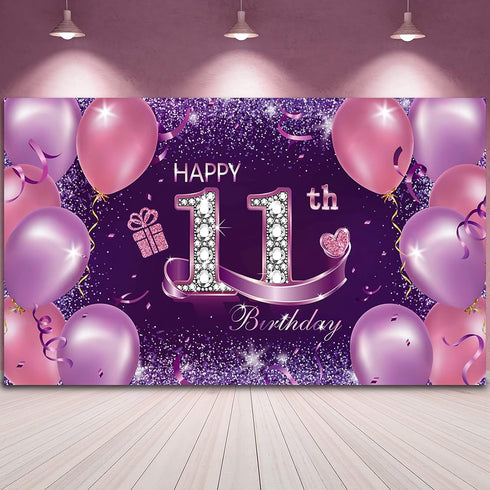 Happy Birthday Party Decorations, Large 72.8 x 43.3 Inch Fabric Backdrop for Girls Birthday Party, Pink Purple