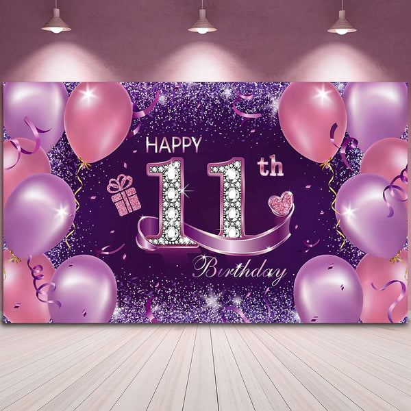 Happy Birthday Party Decorations, Large 72.8 x 43.3 Inch Fabric Backdrop for Girls Birthday Party, Pink Purple